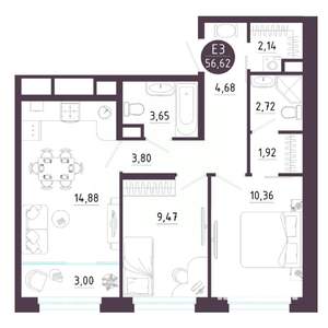 2-к квартира, вторичка, 57м2, 2/10 этаж