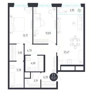 2-к квартира, строящийся дом, 79м2, 3/8 этаж
