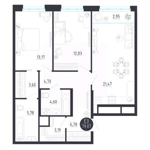 2-к квартира, строящийся дом, 79м2, 7/8 этаж