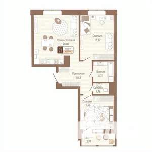 2-к квартира, строящийся дом, 64м2, 4/14 этаж