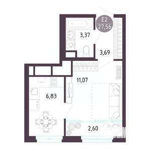Студия квартира, строящийся дом, 28м2, 6/10 этаж