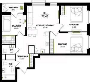 3-к квартира, вторичка, 77м2, 3/25 этаж