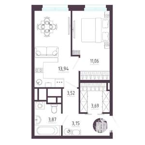 1-к квартира, строящийся дом, 39м2, 6/10 этаж