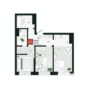 2-к квартира, вторичка, 56м2, 16/19 этаж