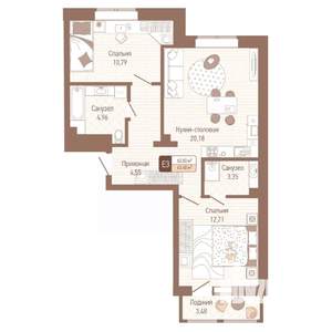 2-к квартира, строящийся дом, 62м2, 1/14 этаж