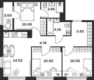 3-к квартира, вторичка, 66м2, 8/9 этаж