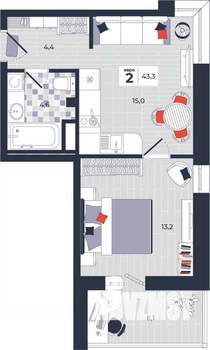 2-к квартира, строящийся дом, 43м2, 6/14 этаж