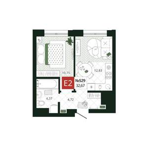 1-к квартира, вторичка, 33м2, 12/19 этаж