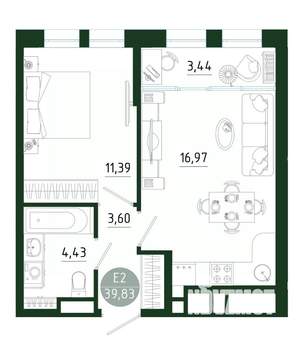 1-к квартира, строящийся дом, 40м2, 1/25 этаж