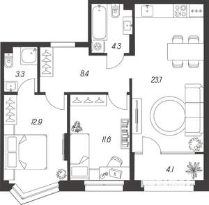 3-к квартира, строящийся дом, 68м2, 7/24 этаж