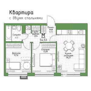 2-к квартира, строящийся дом, 55м2, 3/5 этаж