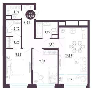 2-к квартира, вторичка, 57м2, 7/10 этаж