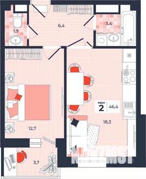 2-к квартира, строящийся дом, 46м2, 12/14 этаж