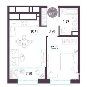 1-к квартира, строящийся дом, 39м2, 2/10 этаж