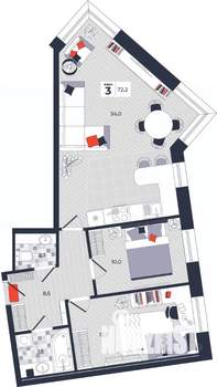 3-к квартира, строящийся дом, 72м2, 9/14 этаж