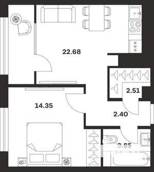 1-к квартира, строящийся дом, 46м2, 16/25 этаж