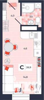 Студия квартира, вторичка, 27м2, 12/14 этаж