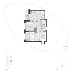 1-к квартира, вторичка, 59м2, 6/21 этаж