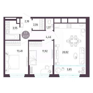 2-к квартира, строящийся дом, 61м2, 3/10 этаж
