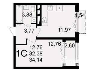 1-к квартира, строящийся дом, 32м2, 13/18 этаж