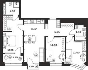 3-к квартира, строящийся дом, 84м2, 8/24 этаж