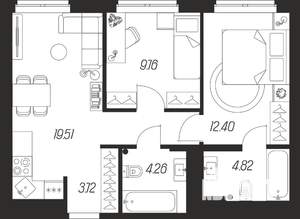 2-к квартира, вторичка, 54м2, 14/25 этаж