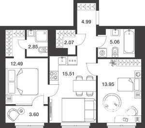 2-к квартира, вторичка, 61м2, 3/25 этаж