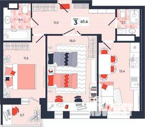 3-к квартира, вторичка, 66м2, 14/14 этаж