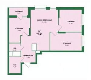 3-к квартира, строящийся дом, 77м2, 24/25 этаж