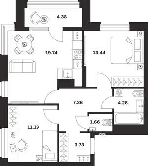 2-к квартира, вторичка, 66м2, 2/13 этаж