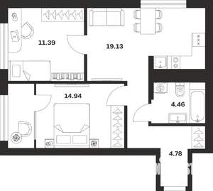 2-к квартира, строящийся дом, 55м2, 2/25 этаж