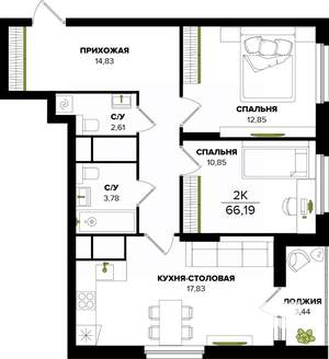 2-к квартира, вторичка, 66м2, 14/25 этаж
