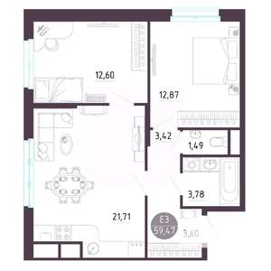 2-к квартира, строящийся дом, 59м2, 3/10 этаж