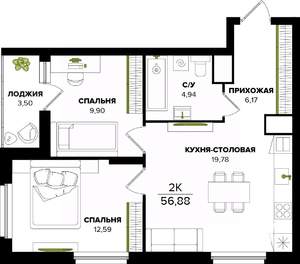 2-к квартира, вторичка, 57м2, 12/25 этаж