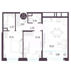 2-к квартира, вторичка, 61м2, 9/10 этаж