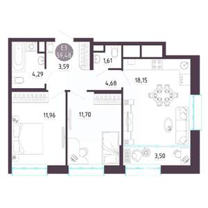 2-к квартира, строящийся дом, 59м2, 10/10 этаж