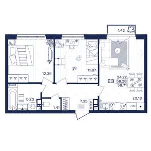 2-к квартира, строящийся дом, 59м2, 2/15 этаж