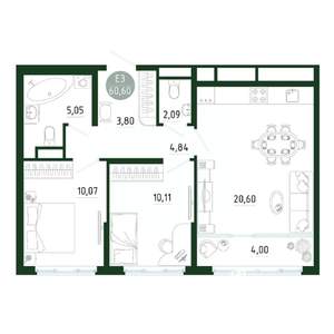 2-к квартира, строящийся дом, 61м2, 22/25 этаж