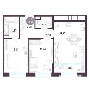 2-к квартира, строящийся дом, 61м2, 6/10 этаж
