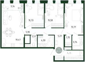 3-к квартира, строящийся дом, 86м2, 4/25 этаж