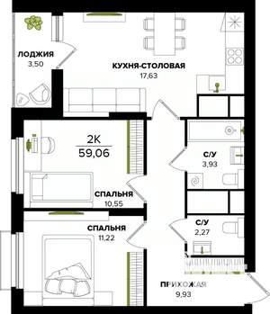 2-к квартира, вторичка, 59м2, 22/25 этаж