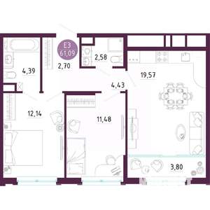 2-к квартира, вторичка, 61м2, 5/10 этаж