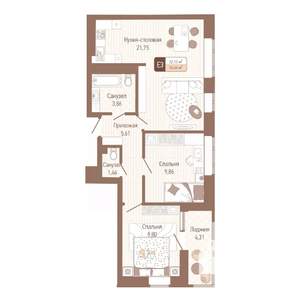 2-к квартира, строящийся дом, 56м2, 5/14 этаж