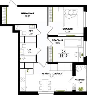 2-к квартира, вторичка, 66м2, 17/25 этаж