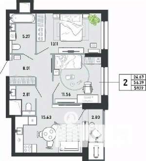 2-к квартира, вторичка, 59м2, 12/21 этаж