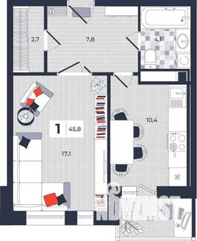 1-к квартира, строящийся дом, 46м2, 7/14 этаж
