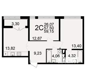 2-к квартира, строящийся дом, 58м2, 2/18 этаж