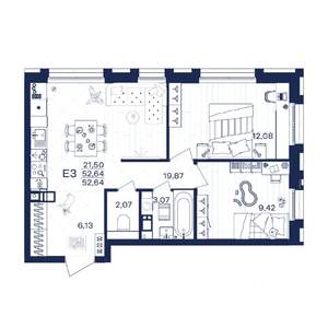 2-к квартира, строящийся дом, 53м2, 8/15 этаж