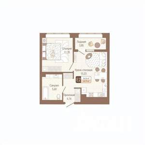 1-к квартира, строящийся дом, 38м2, 1/14 этаж